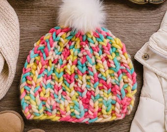 Rainbow Rib Ski Hat : Easy Beginner Chunky Knitting Pattern Pom Beanie (PDF Pattern)