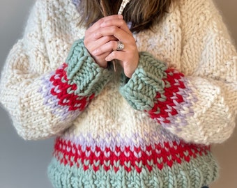 Chunky Fair Isle Design Sweater Knitting Pattern: Diamond Color Designer yarn Pullover (PDF Pattern)