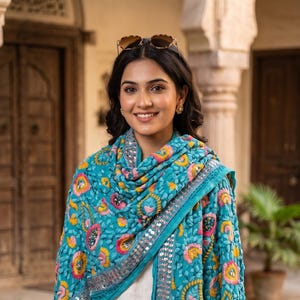 Klassisk blå Phulkari Dupatta, indisk Dupatta, handgjord Punjabi-broderi, traditionell etnisk halsduk för kvinnor