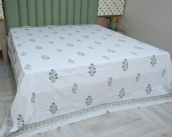 Interior Decor Hand Made Block Printed King Bedsheet, 100% Cotton For Bedroom