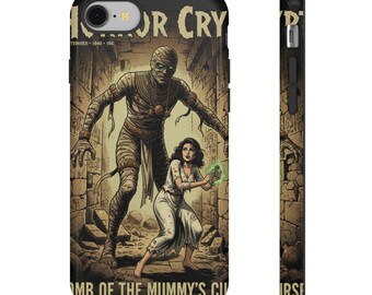 May include: Black phone case featuring a vintage comic book cover with a mummy and a woman in a tomb. The text reads "HORROR CRY" and "TOMB OF THE MUMMY'S CURSE". The case has a black border and a glossy finish.