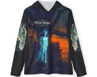 May include: Black long-sleeved hoodie with a vintage horror design. The artwork features a ghostly figure in a blue dress standing in front of a tree and a haunted house. The words "VINTAGE HORROR" are printed at the top.