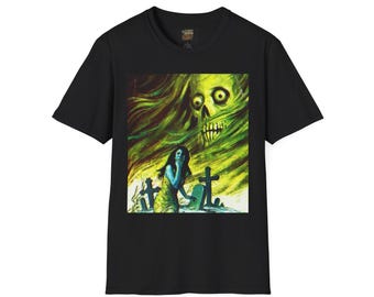 幽霊のような墓地の頭蓋骨Tシャツ | ホラーイラスト、不気味な墓地 | クラシックなヴィンテージホラー