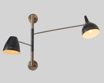 Mid Century Modern Double Arm Wall Sconce, Brass Black Adjustable Lamp