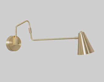 Mid Century Modern Brass Swing Arm Wall Sconce – Adjustable Reading Lamp Fixture