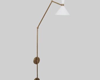 Mid Century Modern Brass Wall Lamp, Adjustable Arm Sconce, White Cone Shade Light