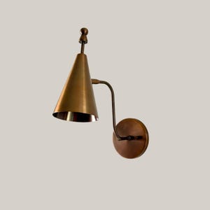Brass Wall Sconce, Long Arm Wall Light, Mid Century Modern Sconce, Brass Cone Shade Lamp, Vintage Bedroom Bathroom Lighting