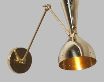 Mid Century Modern Brass Swing Arm Wall Sconce, Double Cone Shade Reading Lamp