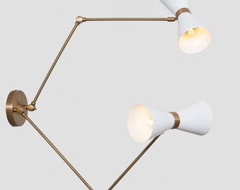 Mid Century Modern Brass Wall Sconce, Double Cone Shade Lamp, Adjustable Lighting Fixture