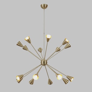May include: A brass-colored, mid-century modern chandelier with multiple light fixtures. The chandelier has a central sphere with radiating arms, each holding a cone-shaped light. The lights are illuminated, casting a warm glow.