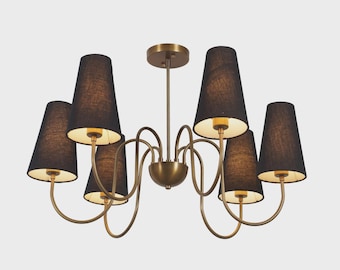 Mid Century Modern Brass Chandelier, Six Light Black Linen Shade Fixture