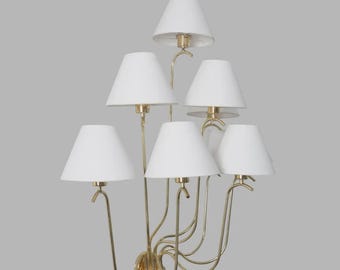 Mid Century Modern Brass Chandelier, 9-Light Linen Shade Sconce
