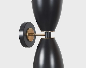 Black Brass Double Cone Wall Sconce, Mid-Century Modern Adjustable Light Fixture