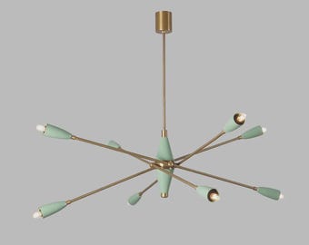 Sputnik Chandelier, Mid Century Modern Lighting, Brass & Green, Atomic Style Light Fixture