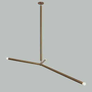 May include: A modern, bronze-colored ceiling light fixture with three arms. The fixture has a central vertical rod connected to a circular ceiling mount. Two horizontal arms extend from the center, each ending with a small, white light.