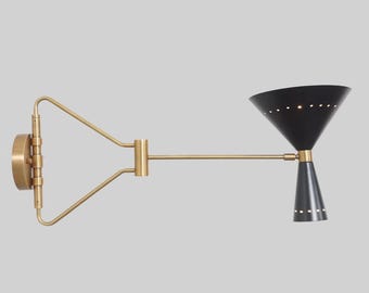 Mid Century Modern Brass Swing Arm Wall Sconce – Adjustable Black Double Cone Lamp