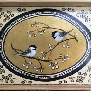CHICKADEES and WHITE BERRIES wood tray painted in acrylic by K. McDermott, bird art, serving tray, rustic wall décor, birdies, gold oval
