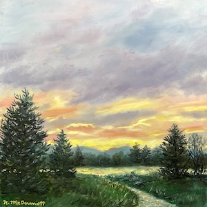 NIGHTFALL at the RIVER # 2 - original oil painting by K. McDermott, sunset, reflections, pine trees, landscape