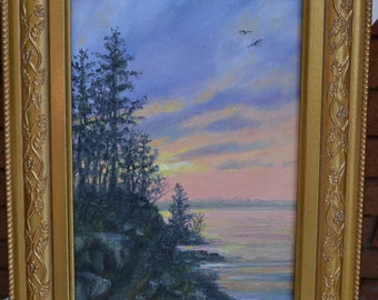 CLIFF WALK (C) 2016 by K. McDermott - Framed Original Oil Painting on 7 X 13 inch canvas