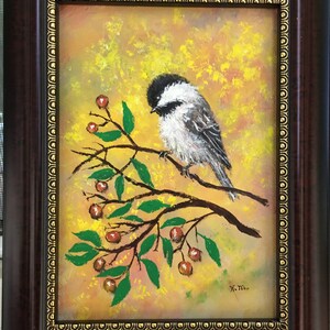 CHICKADEE #58 - original framed 7X5 inch oil birdie painted on primed tag board by K. McDermott, bird art, original art, oil painting