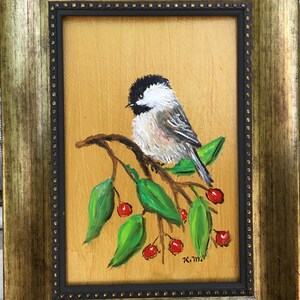 CHICKADEE # 63 - framed original oil bird painting by K. McDermott. bird art, mini painting, framed art, cute birdie, unique artwork