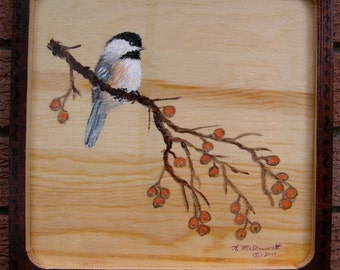 Chickadee Art - Orange Berry Chickadee Original acrylic painting on 9 inch square wood plaque - ooak painted by K. McDermott