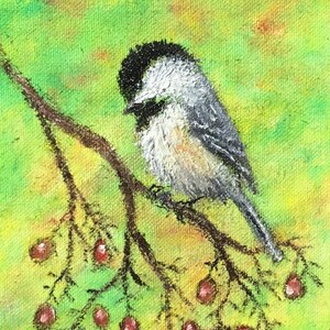 Chickadee # 56 - original framed oil birdie painting on 7X5 inch canvas panel by K. McDermott