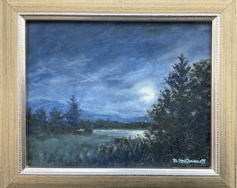 May include: A painting of a moonlit landscape with a lake and trees in the foreground. The sky is a deep blue with clouds and the moon is shining brightly. The trees are silhouetted against the sky and the lake is reflecting the moonlight.
