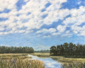 CAROLINA LOWCOUNTRY - Sunny 30X36 inch oil marsh landscape by K. McDermott, South Carolina, Marsh painting, original artwork, blue skies
