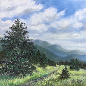 HIGH COUNTRY TRAIL - original unframed 10X10 inch oil mountain landscape by K. McDermott, smokey mountains, pine trees, blue skies, trail