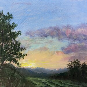 Acrylic Cracker Box Mini # 5 - Sundown (C) 2021 autorstwa mnie, K. McDermott - oryginalny obraz akrylowy, zachód słońca, krajobraz, miniaturowy obraz