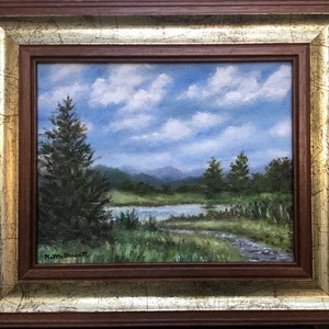 RIVER ACCESS # 2 - original framed oil landscape painting by K. McDermott, blue skies, pine trees, riverbank, rural scene, original artwork