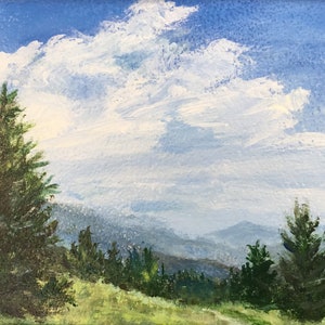 MOUNTAIN MINI # 17 - original framed acrylic mountain landscape by K. McDermott, kmcdermottart, smokey mountains, pine trees, trail