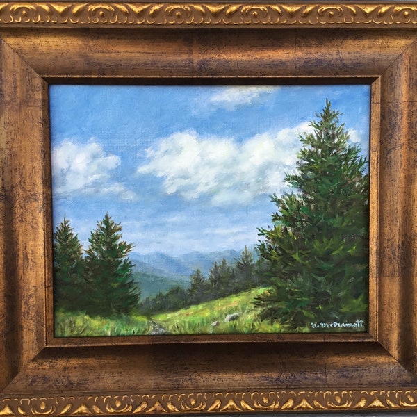 MOUTAIN PINE # 5 - original framed 8X10 inch mountain landscape painted in oil by K. McDermott - blue ridge mountains, smokey mountains