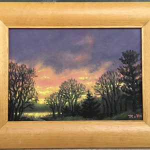 SKY LIGHT MINI # 12 - framed original mini oil sunset painted on 5X7 inch canvas by K. McDermott - skyscape, original oil painting, fine art