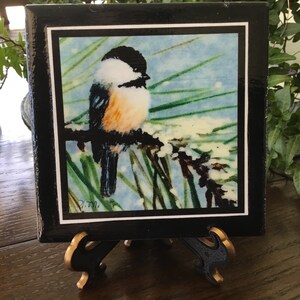Chickadee Tile Coaster Print by K. McDermott - bird art, tile print, ooak, cute birdie