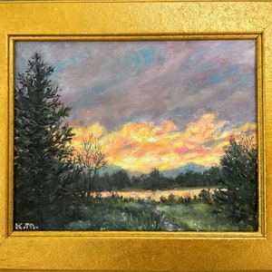 SKY LIGHT # 11 - original framed 8X10 inch oil skyscape - landscape painting by K. McDermott - sunset, lake, pine trees, reflections