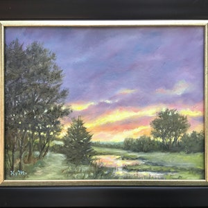 SUNDOWN in the LOWER PASTURE - original 8.5X11 inch oil landscape painting by K. McDermott