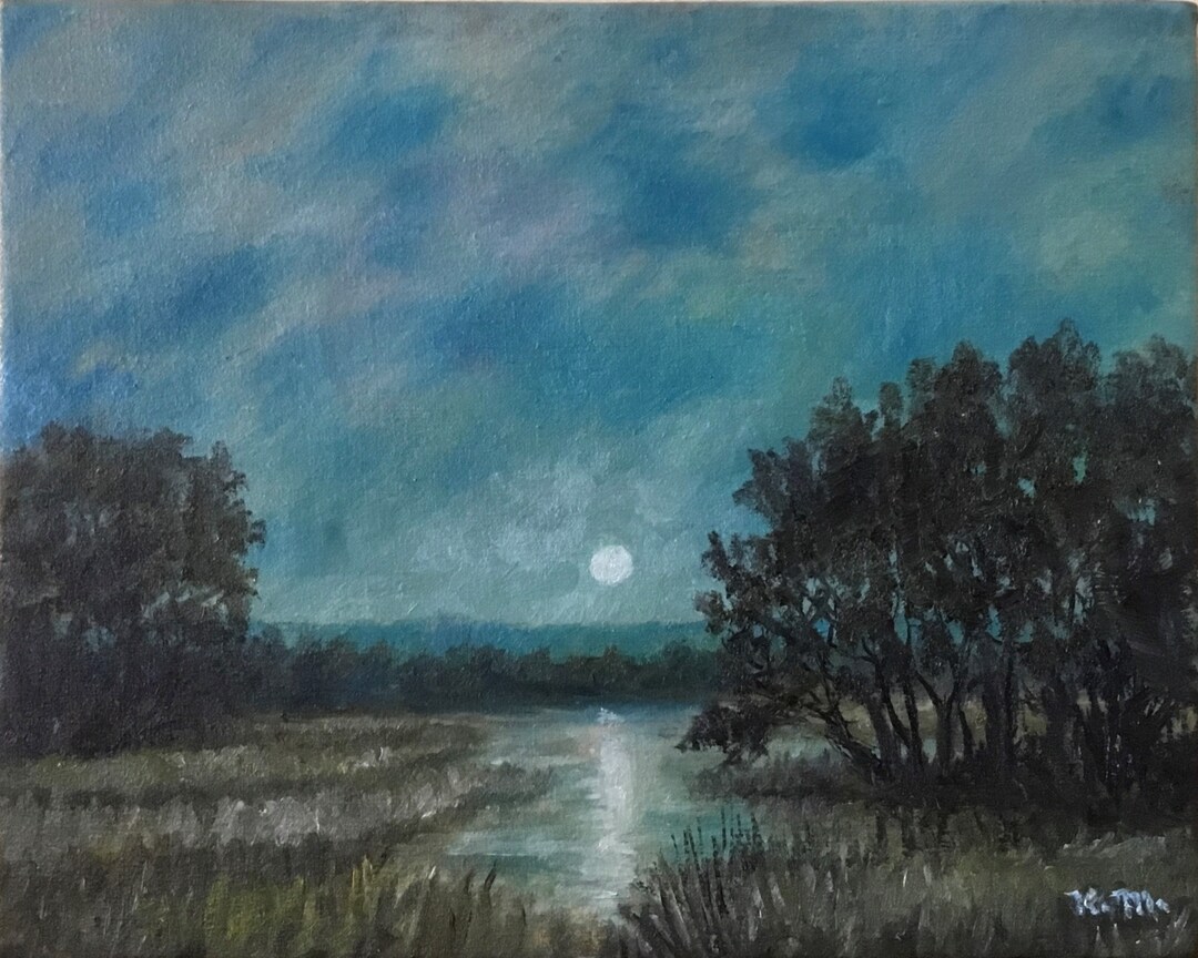 Marsh Moon - Original Oil Skyscape on 8X10 Inch Stretched Canvas by K ...