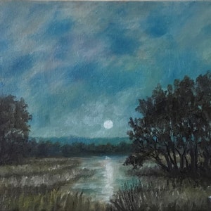 Marsh Moon - original oil skyscape on 8X10 inch stretched canvas by K. McDermott, night sky, marsh, original oil painting, reflected moon