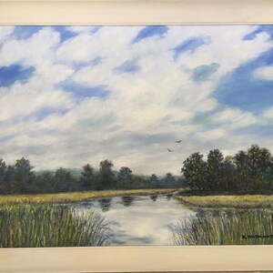 CAROLINA BLUES - framed 18X24 inch oil marsh painting on canvas by K. McDermott - blue skies, reflections, marsh, lowcountry scene