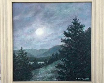 MOONLIT NIGHT - original framed 12 inch square oil landscape painting by K. McDermott, moon, pine trees, mountains, lake, hillside pasture