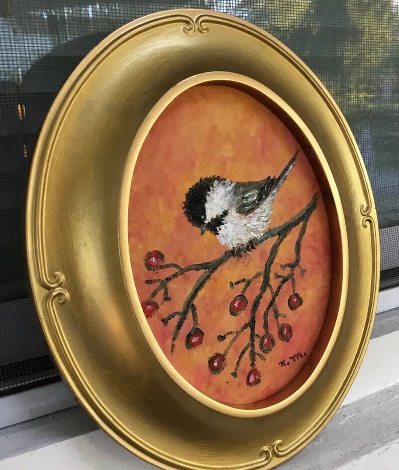 original framed oval oil bird painting by K McDermott chickadee oval Bird 2 of set Chickadee # 32 bird art original oil painting