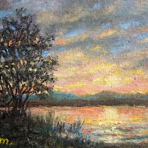River Sundown (C) 2017 by K. McDermott - original 5X7 oil painting on canvas - FRAME NOT INCLUDED