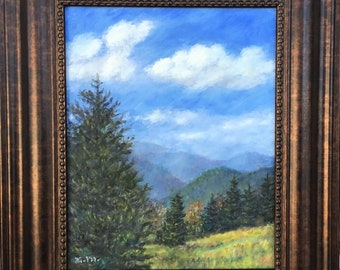 SUNSHINE on the MOUNTAIN - original oil landscape painting by K. McDermott, blue skies, pine trees, blue ridge mountains, smokey mountains