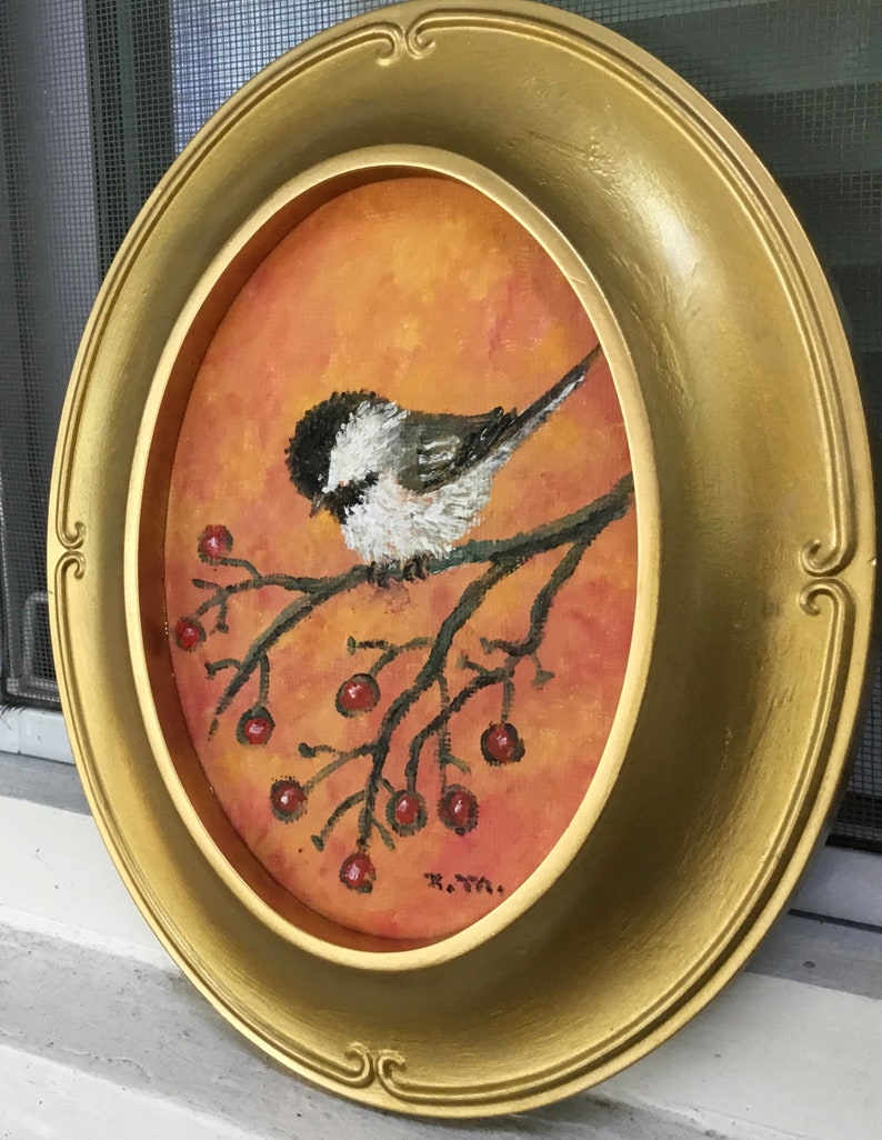 original framed oval oil bird painting by K McDermott chickadee oval Bird 2 of set Chickadee # 32 bird art original oil painting