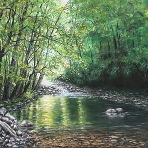 May include: A painting of a forest stream with green trees on either side. The water is clear and reflects the sunlight. There are rocks in the stream and on the banks.