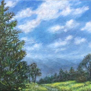 DISTANT MOUNTAINS - original unframed 8X10 inch oil landscape painting by K. McDermott, blue ridge mountains, smokey mountains, original art