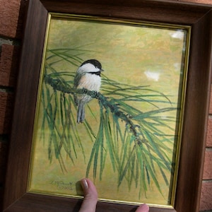 Chickadee Art - Framed Matched Pair of Pine Chickadee Original 8 X 10 Inch Acrylic Paintings