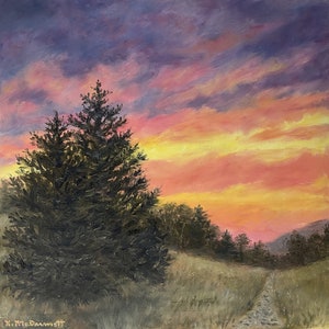TWILIGHT PINES # 5 - original unframed oil skyscape painting by K. McDermott, mountain trail, sunset, pine trees, night sky, oil on canvas